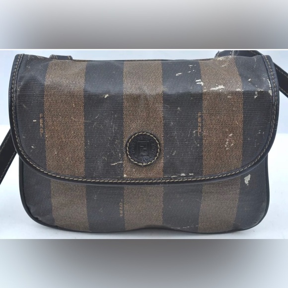 Authentic FENDI Pequin Shoulder Cross Body Bag PVC Leather Brown Black - Picture 12 of 13